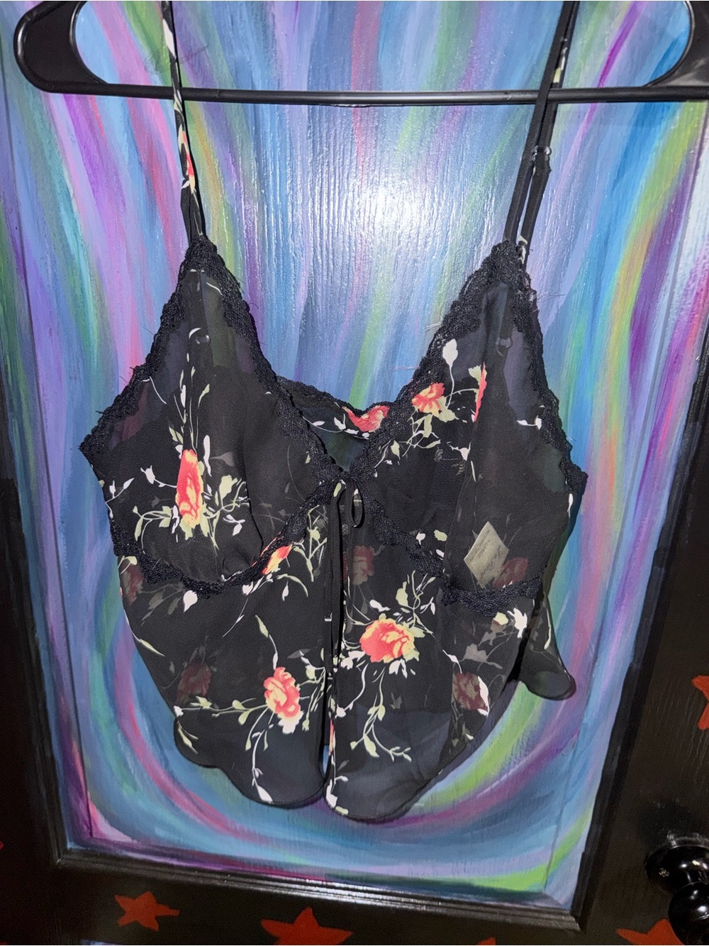 Floral Lace-Trim Black Camisole with Adjustable Straps